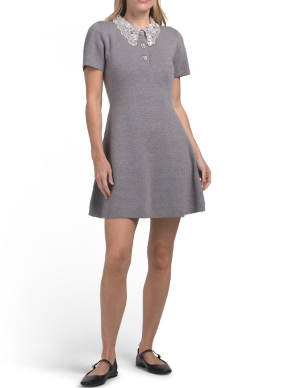 ENDLESS ROSE Detachable Rhinestone Collar Knit Mini Dress